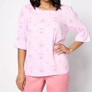 New Denim & Co. Square Neck Printed Ruffle Sleeve Blouse Pink Lavender Medium
